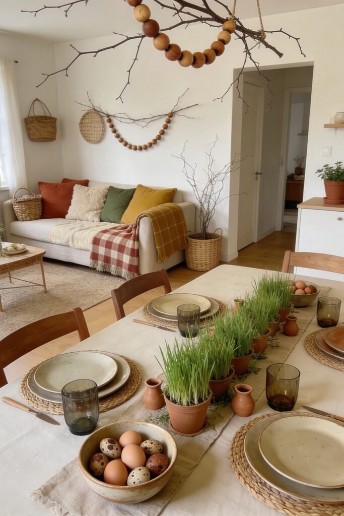 Natural Easter dining space with branch garlands wooden bead wreath potted grass centerpieces and speckled eggs on a neutral table