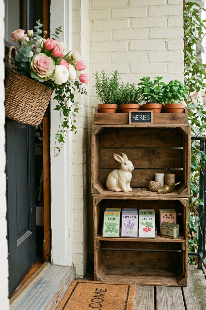 Easter Front Porch Ideas for a Fresh Spring Entry 16 Black front door with a woven flower basket and wooden herb shelf featuring potted herbs seed packets and a bunny figurine