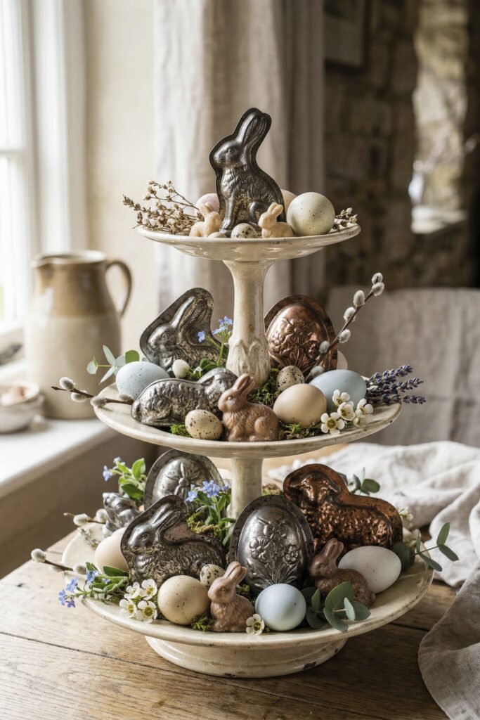Three tier pedestal filled with rabbit molds lamb molds pastel eggs and spring flowers on a rustic wooden table