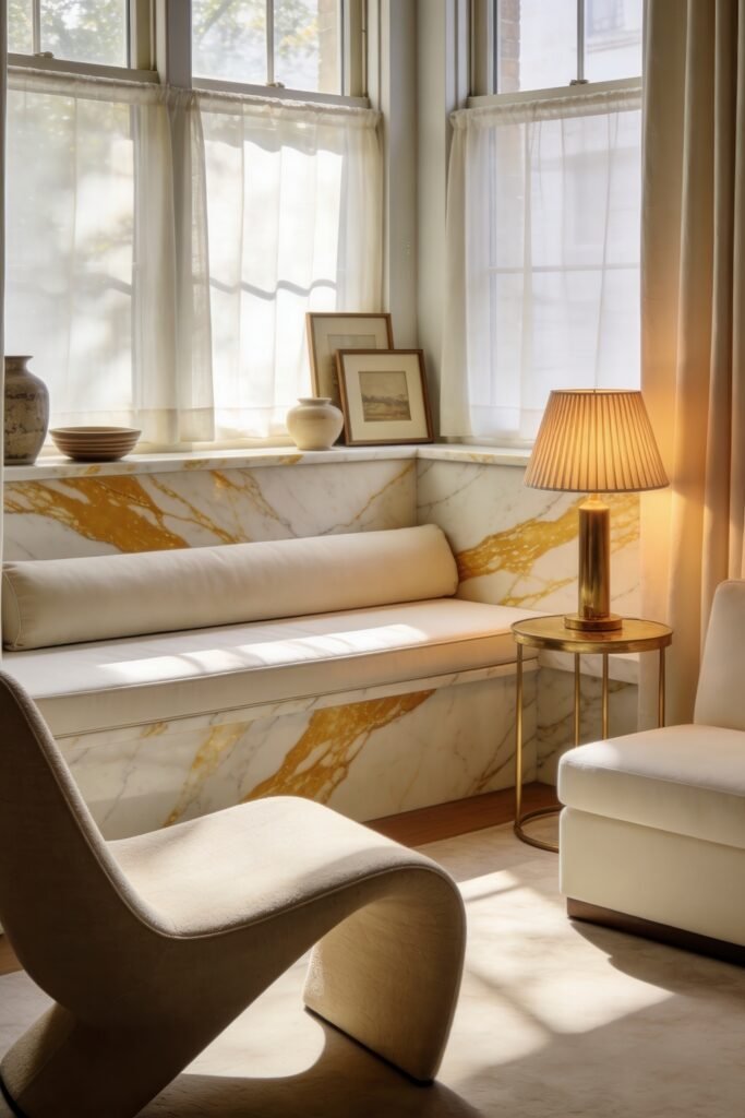 Calacatta Gold Marble Ideas For A Beautiful Apartment 14 Sunlit window seat with white cushions against white and gold marble walls featuring sheer curtains framed art and a brass table lamp