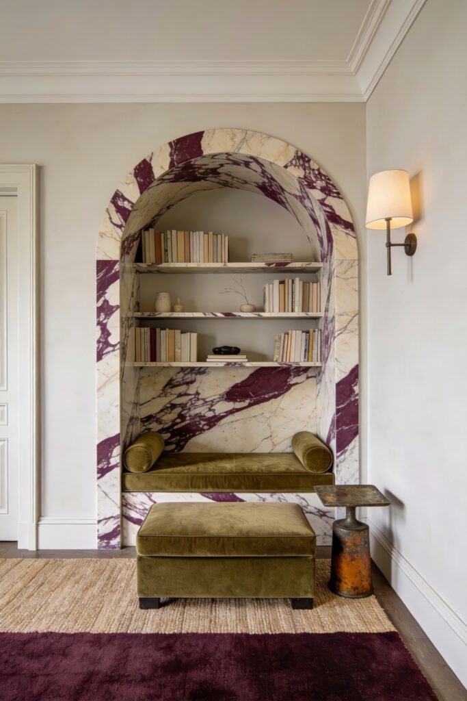 Reading nook with an olive velvet bench and bookshelves set inside a dramatic purple veined marble arch