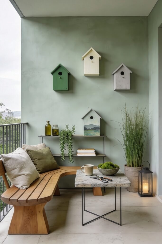 Cute Birdhouse Painting Ideas for Charming Outdoor Style 13 Minimalist balcony with sage green wall simple birdhouses curved wooden bench stone table potted grasses and a candle lantern