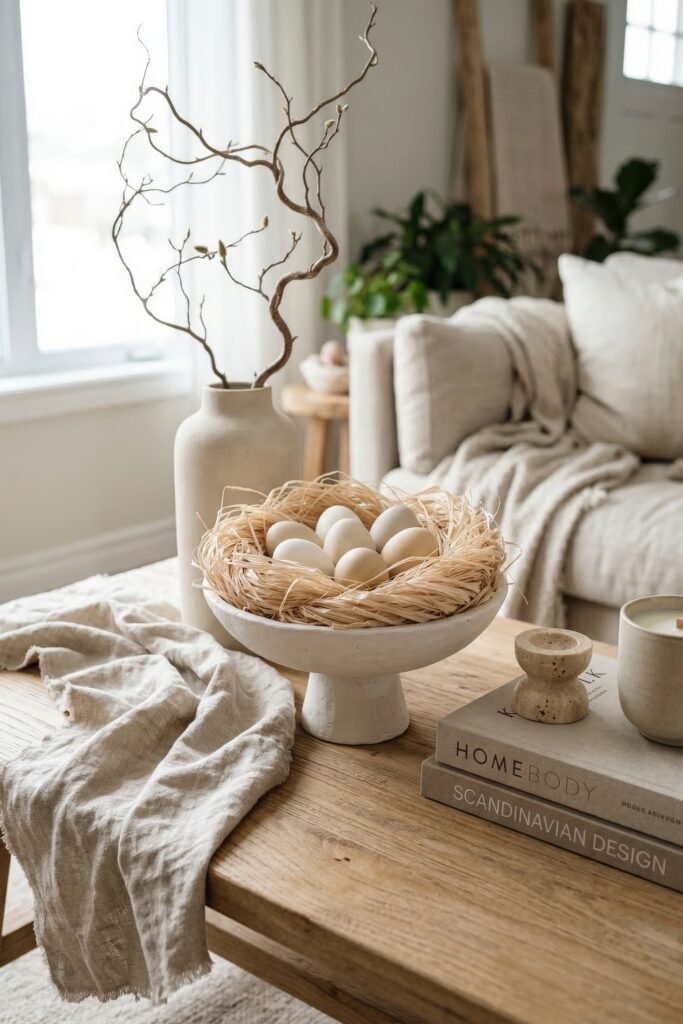Neutral pedestal bowl holding a straw nest with cream eggs beside sculptural branches books and soft linen on a wooden table