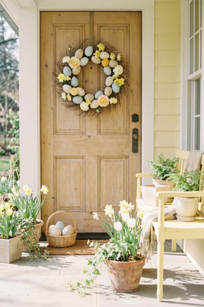 Easter Front Porch Ideas for a Fresh Spring Entry 17 Natural wood front door with an egg wreath daffodils tulips and a basket of oversized Easter eggs
