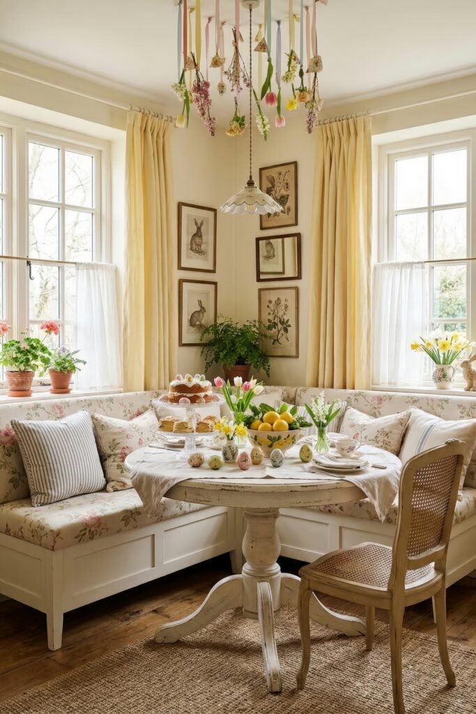 Cottage breakfast nook with hanging flowers pastel eggs lemon bowl tea setting and vintage rabbit prints between sunny windows