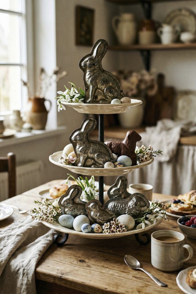 Tiered tray centerpiece with rabbit molds a lamb mold pastel eggs and white blossoms set on a farmhouse breakfast table