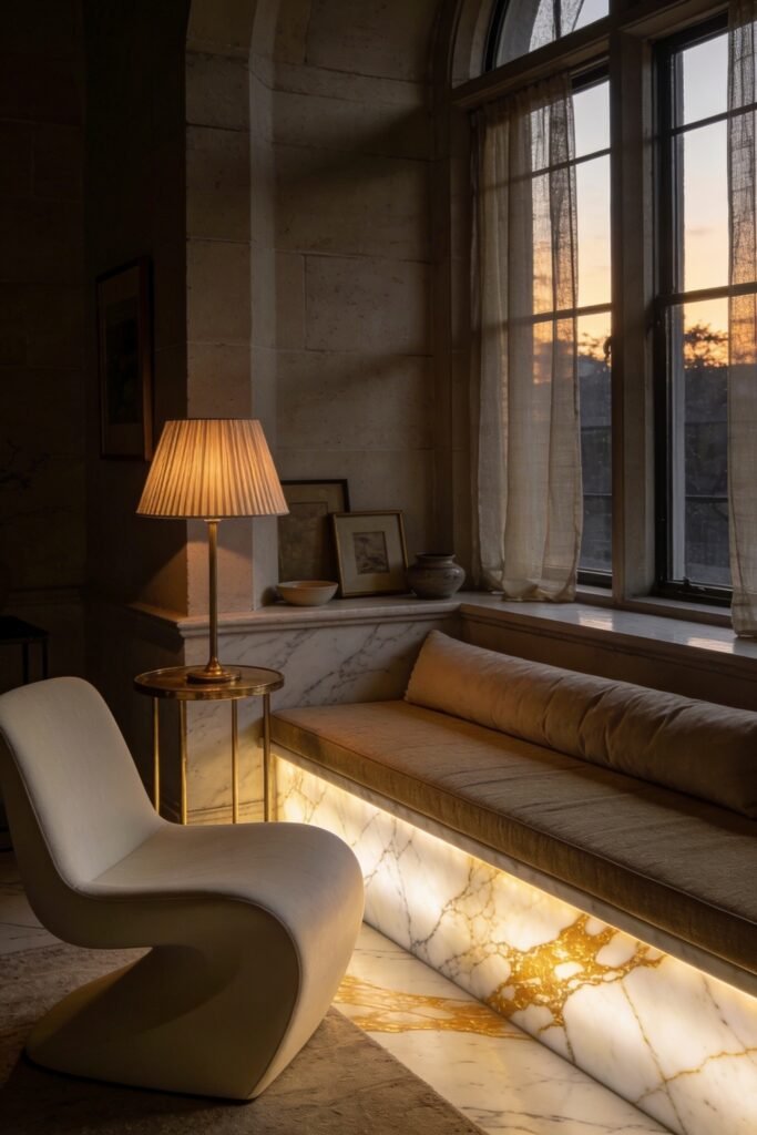 Calacatta Gold Marble Ideas For A Beautiful Apartment 15 Moody window nook at dusk with a glowing lamp beside a marble clad bench featuring sheer curtains and a sculptural white lounge chair