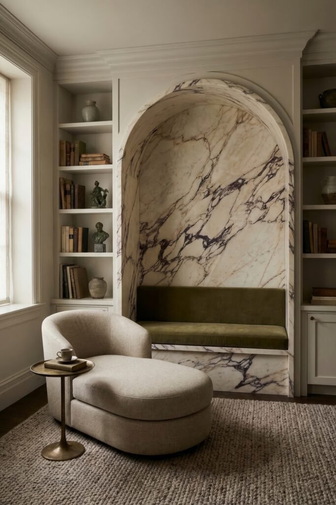 Cozy sitting area with a curved cream chair beside a marble arched alcove bench and built in bookshelves