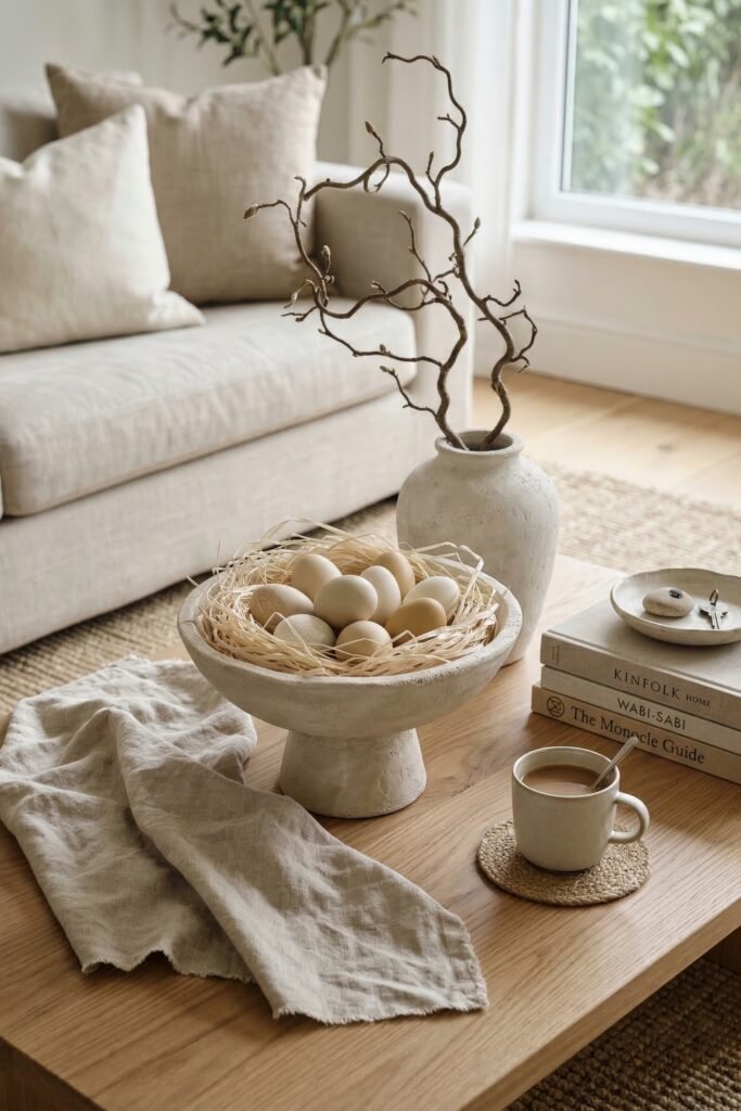 Minimal spring display with a pedestal bowl of natural eggs and straw beside a ceramic vase books and a cup of coffee