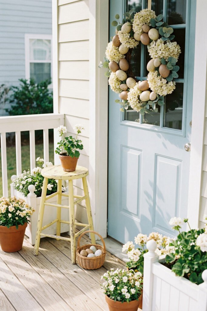 Easter Front Porch Ideas for a Fresh Spring Entry 18 Light blue front door with an egg and hydrangea wreath surrounded by white flowers a yellow stool and a basket of eggs