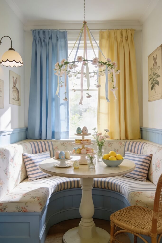 Pastel breakfast nook with ribbon flower chandelier striped cushions decorated eggs sweets and lemons on a round pedestal table