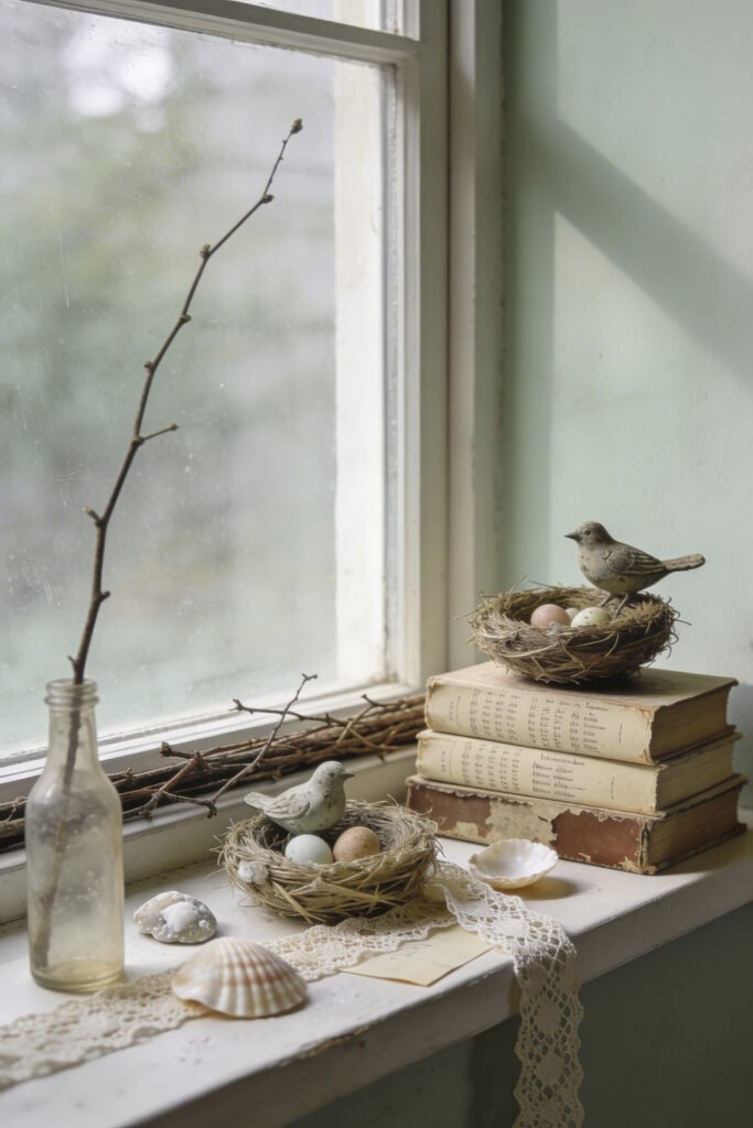 Two bird figurines sit on tiny nests with pastel eggs beside worn books lace and bare branches on a softly lit windowsill