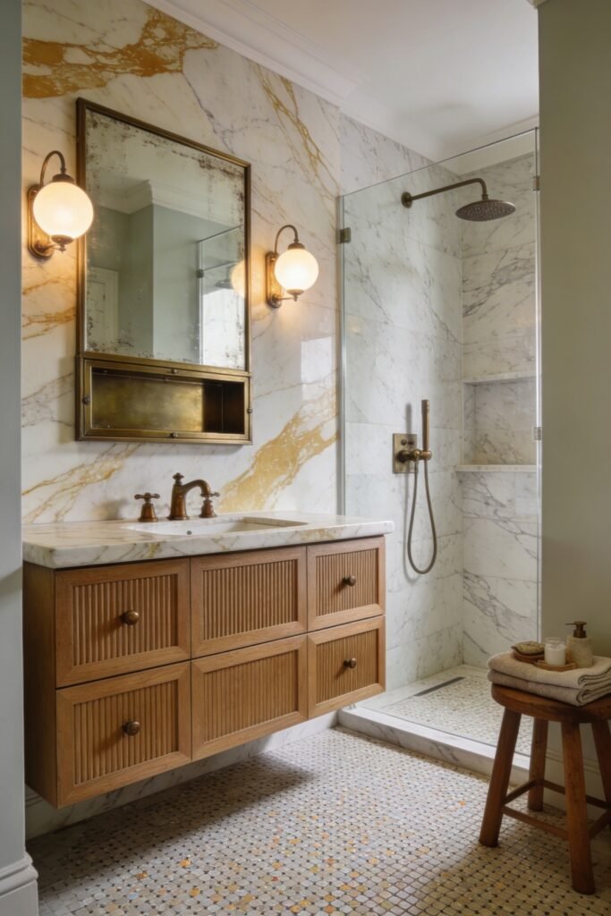 Calacatta Gold Marble Ideas For A Beautiful Apartment 16 Refined bathroom with a fluted wood vanity against white and gold marble walls featuring brass sconces and a glass enclosed shower