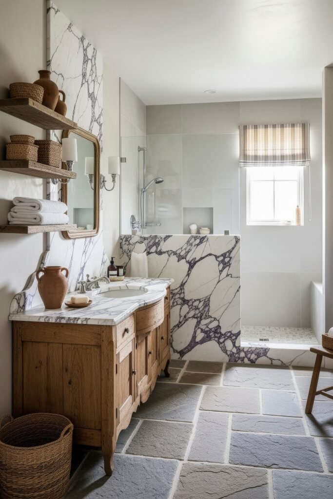 Calacatta Viola Bathroom Ideas for a Richer Look 16 Rustic bathroom with curved wood vanity and Calacatta Viola marble backsplash beside a walk in shower and open shelves with pottery