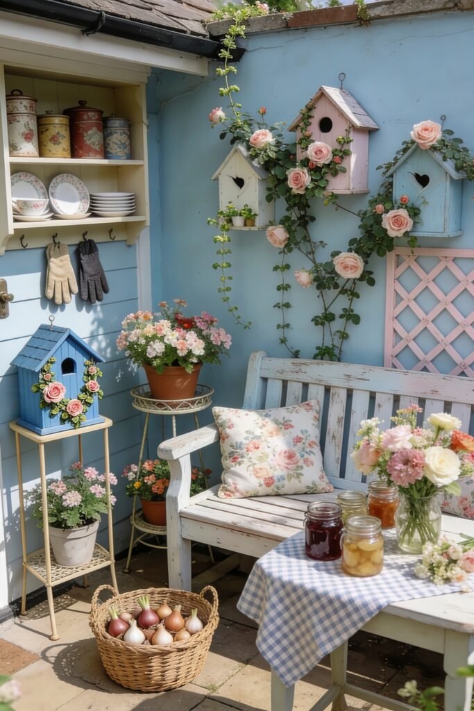 Cute Birdhouse Painting Ideas for Charming Outdoor Style 14 Cottage patio with pastel birdhouses wrapped in climbing roses beside a weathered bench flowers jars and a basket of onions