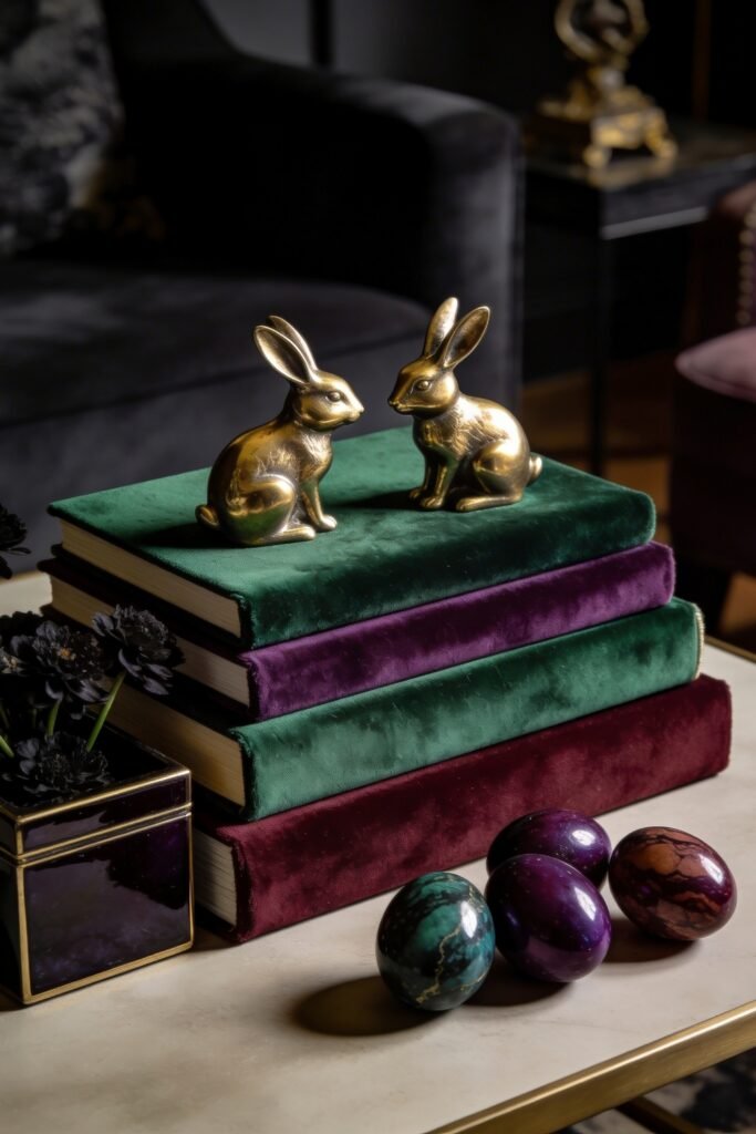 Brass rabbit figurines on velvet books with jewel toned decorative eggs on a dark moody side table