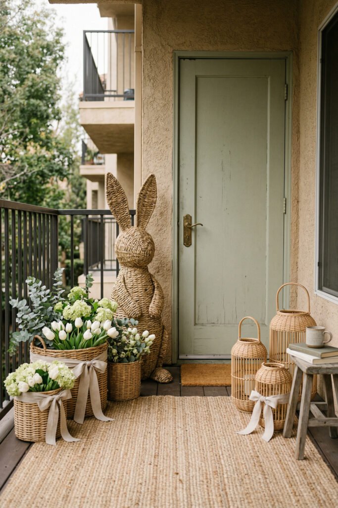 Easter Front Porch Ideas for a Fresh Spring Entry 19 Apartment balcony with a woven bunny statue baskets of white tulips and hydrangeas and rattan lanterns on a jute rug
