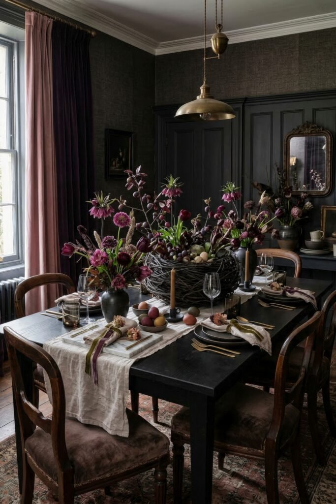 Moody dining room with dark walls dramatic spring florals dyed eggs and a twig nest centerpiece on a black table