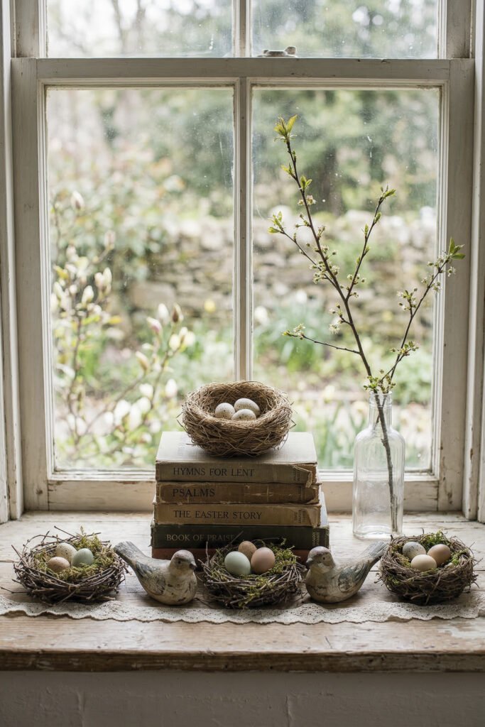 Nest displays with pastel eggs and bird figurines surround stacked old books and spring branches on a weathered windowsill