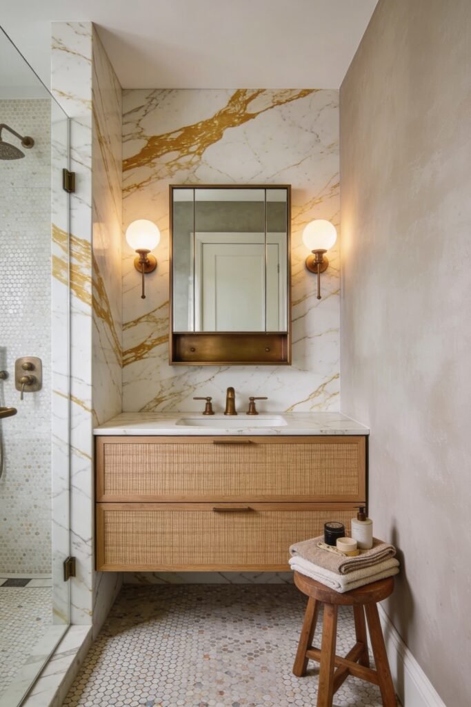 Calacatta Gold Marble Ideas For A Beautiful Apartment 17 Narrow bathroom with a woven front vanity against white and gold marble walls featuring globe sconces and a mosaic tile shower