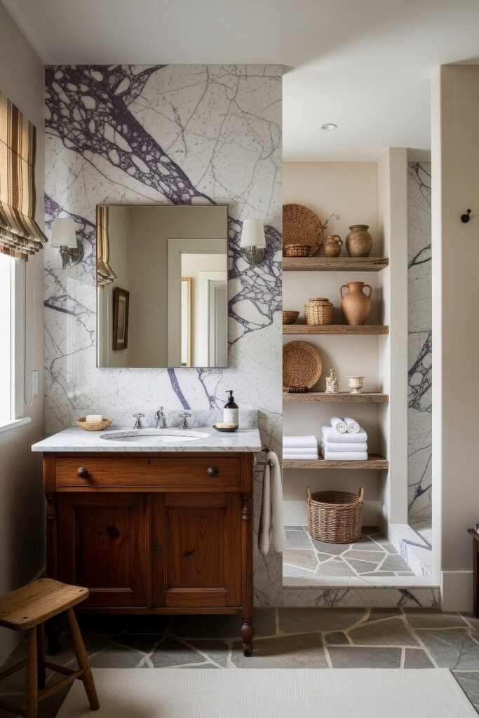 Calacatta Viola Bathroom Ideas for a Richer Look 17 Traditional bathroom with dark wood vanity and marble backsplash beside open shelves filled with baskets towels and pottery