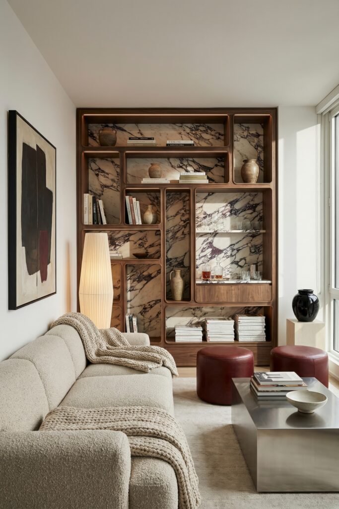 Modern living room with a curved sofa facing a walnut and marble bookcase with warm lighting and burgundy stools