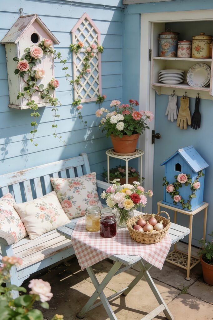 Cute Birdhouse Painting Ideas for Charming Outdoor Style 15 Charming blue patio with rose decorated birdhouses floral cushions a small table with jam jars and a basket of onions