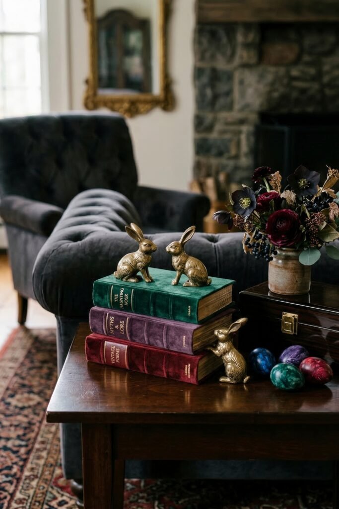 Vintage style brass rabbits and colorful marbled eggs displayed on stacked velvet books in a dark elegant living room