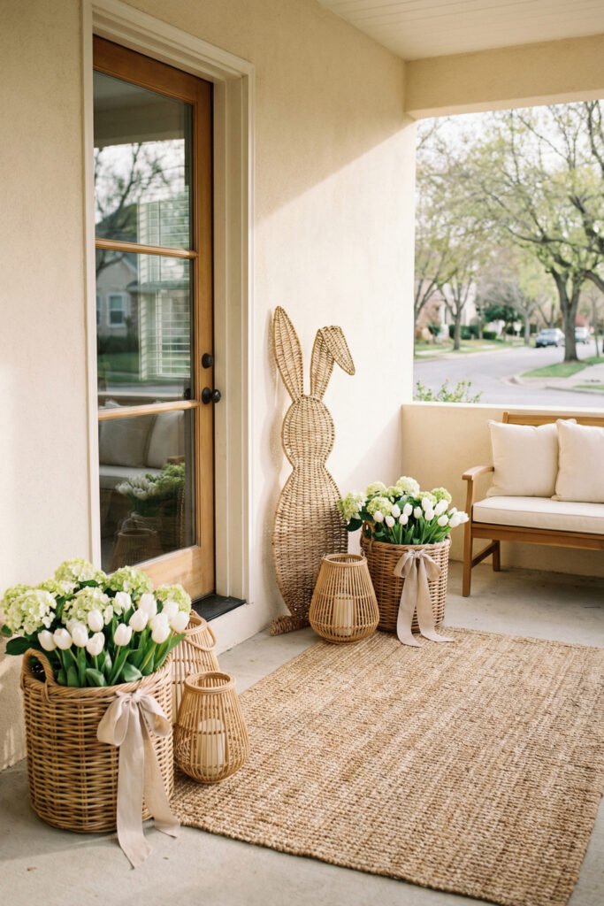 Easter Front Porch Ideas for a Fresh Spring Entry 20 Covered porch with woven bunny decor baskets of white tulips and hydrangeas and a large jute rug