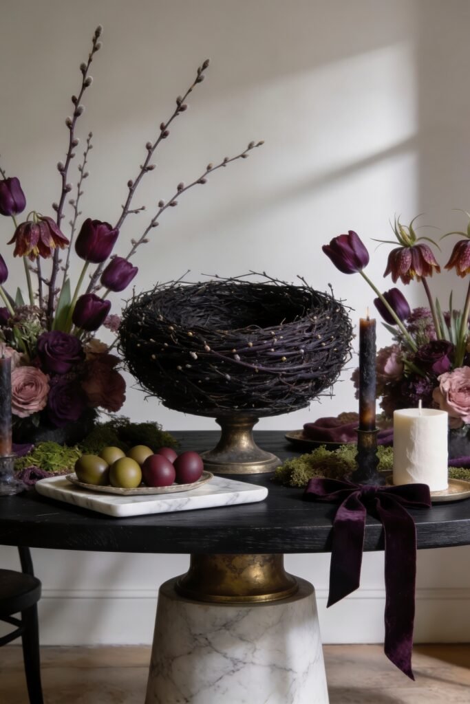 Dark Easter tablescape with a twig nest pedestal moody purple flowers velvet ribbon candles and dyed eggs on a black table
