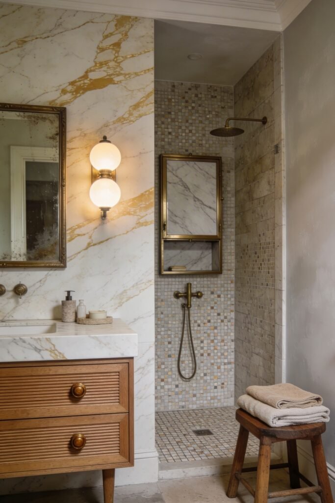 Calacatta Gold Marble Ideas For A Beautiful Apartment 18 Warm bathroom with a wood vanity and marble sink beside a mosaic tile shower featuring brass fixtures and folded towels on a stool