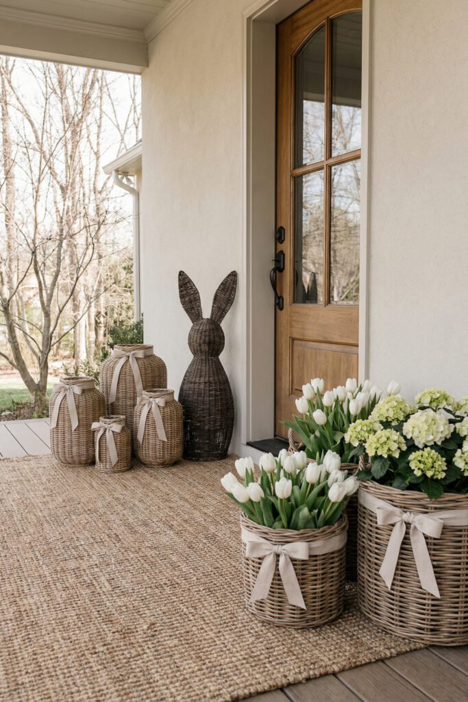 Easter Front Porch Ideas for a Fresh Spring Entry 22 Wood front door with a woven bunny rattan lanterns and baskets of white tulips and hydrangeas on a textured jute rug