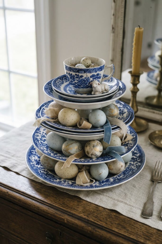 Blue and white china stacked into a tiered display with pastel eggs ribbons and a tiny lamb figurine on a dining table