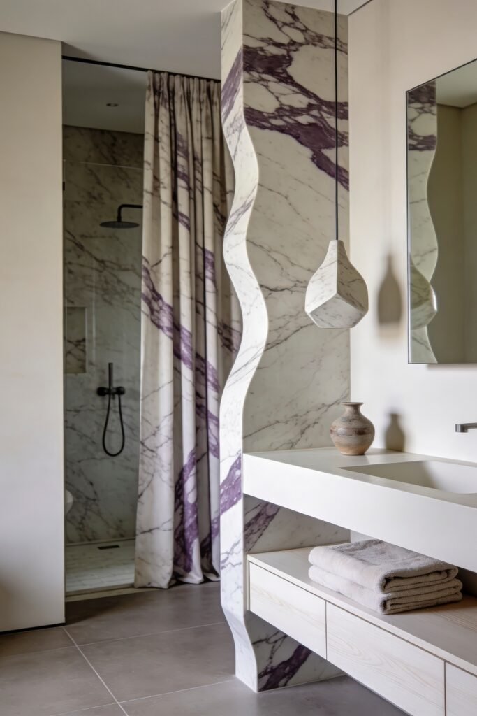 Calacatta Viola Bathroom Ideas for a Richer Look 18 Modern bathroom with sculptural Calacatta Viola marble partition floating white vanity and shower curtain in matching violet veined marble