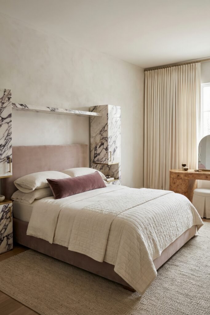 Soft bedroom with a blush upholstered bed and marble framed shelving beside a burl wood vanity and long drapes