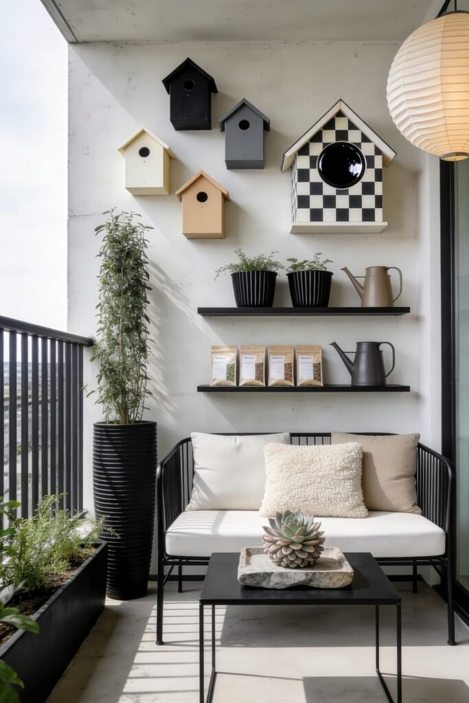 Cute Birdhouse Painting Ideas for Charming Outdoor Style 16 Modern black and white balcony with geometric birdhouses black shelves potted herbs white loveseat and a paper lantern