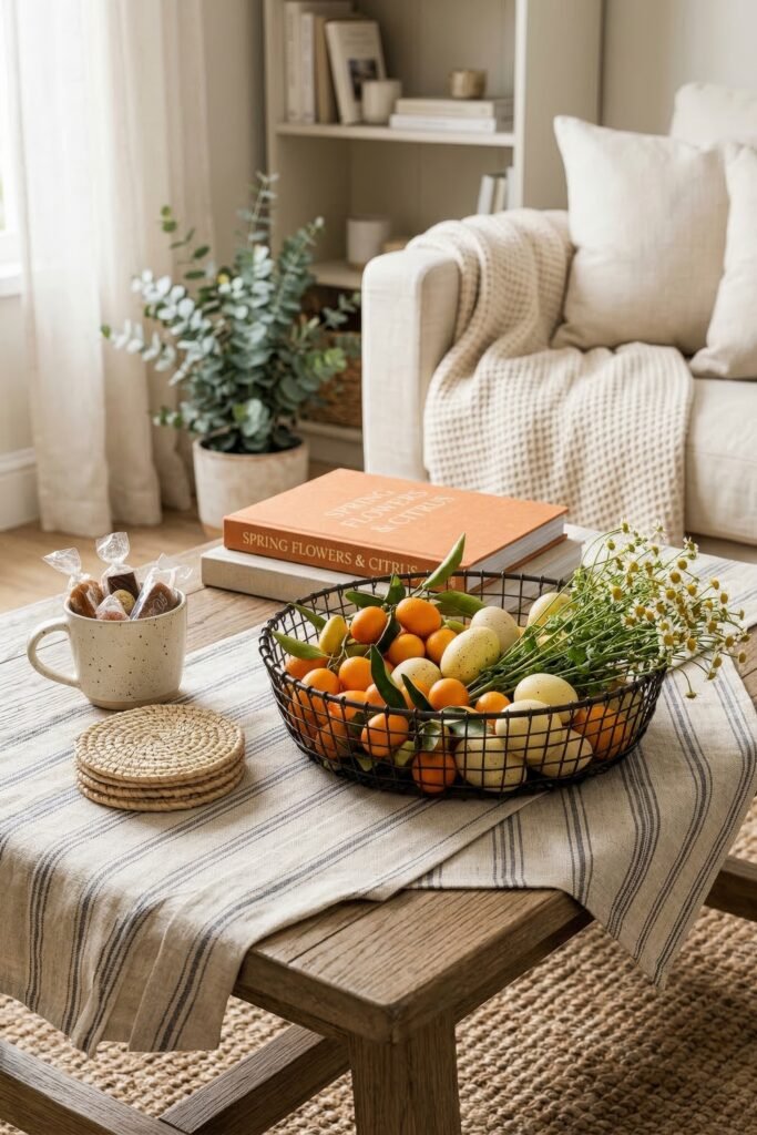 Wire basket filled with kumquats pale eggs and chamomile flowers on a striped runner in a cozy neutral living room