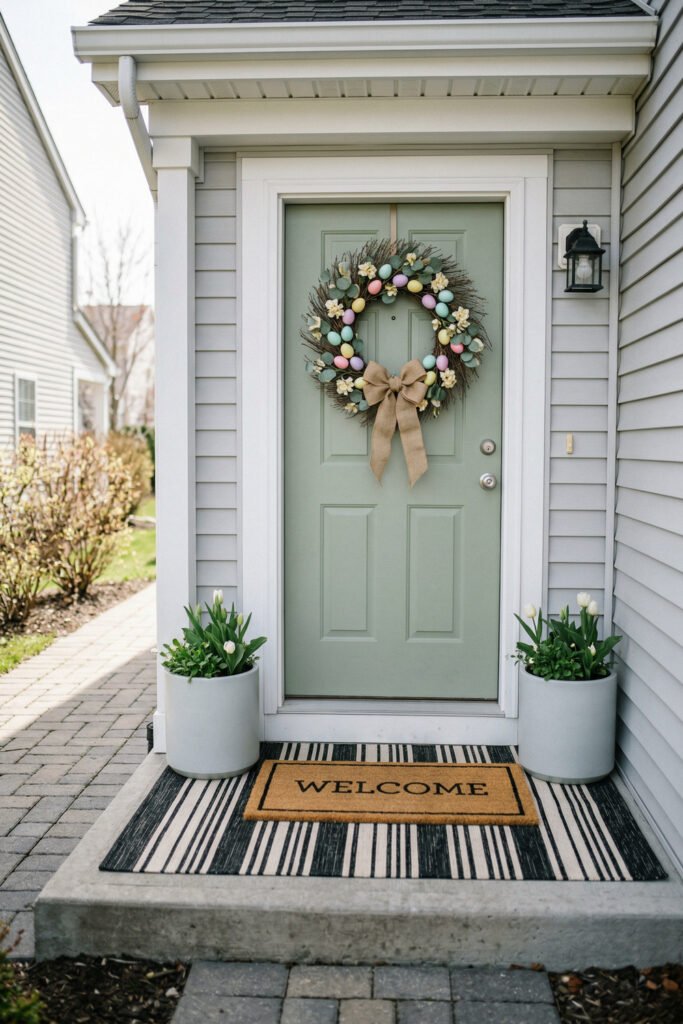 Easter Front Porch Ideas for a Fresh Spring Entry 23 Mint green front door with a pastel egg wreath white planters of tulips and a welcome mat layered over a striped rug