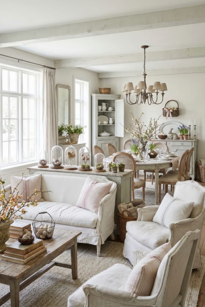 French country living and dining room with white slipcovered seating spring branches cloche displays and subtle Easter table decor