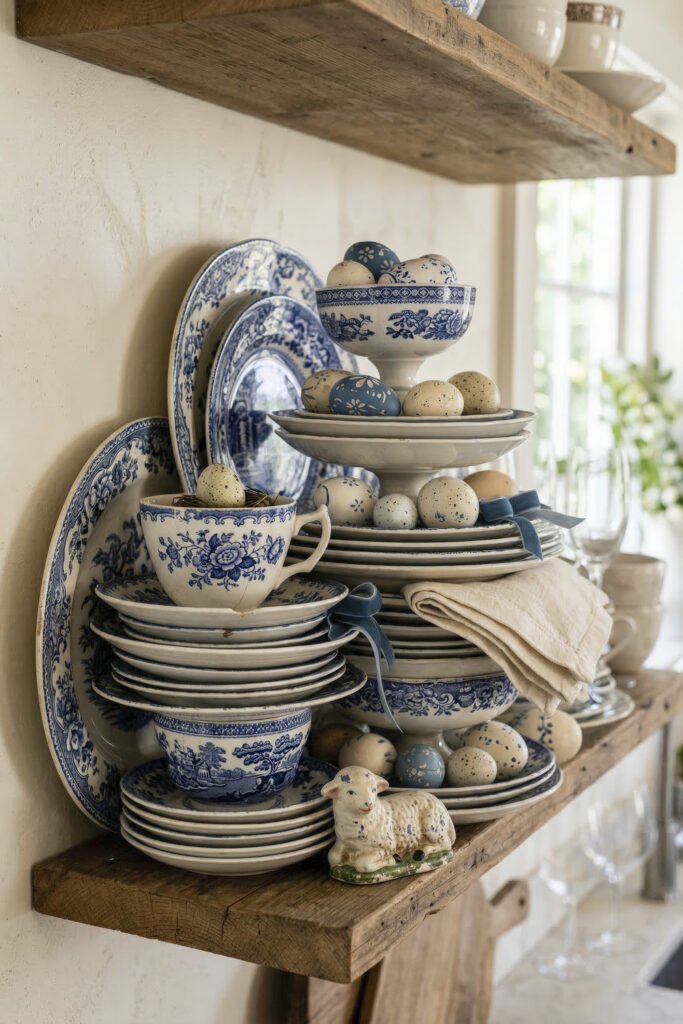Rustic shelves filled with blue and white china pastel eggs and a small lamb figurine create a layered Easter display