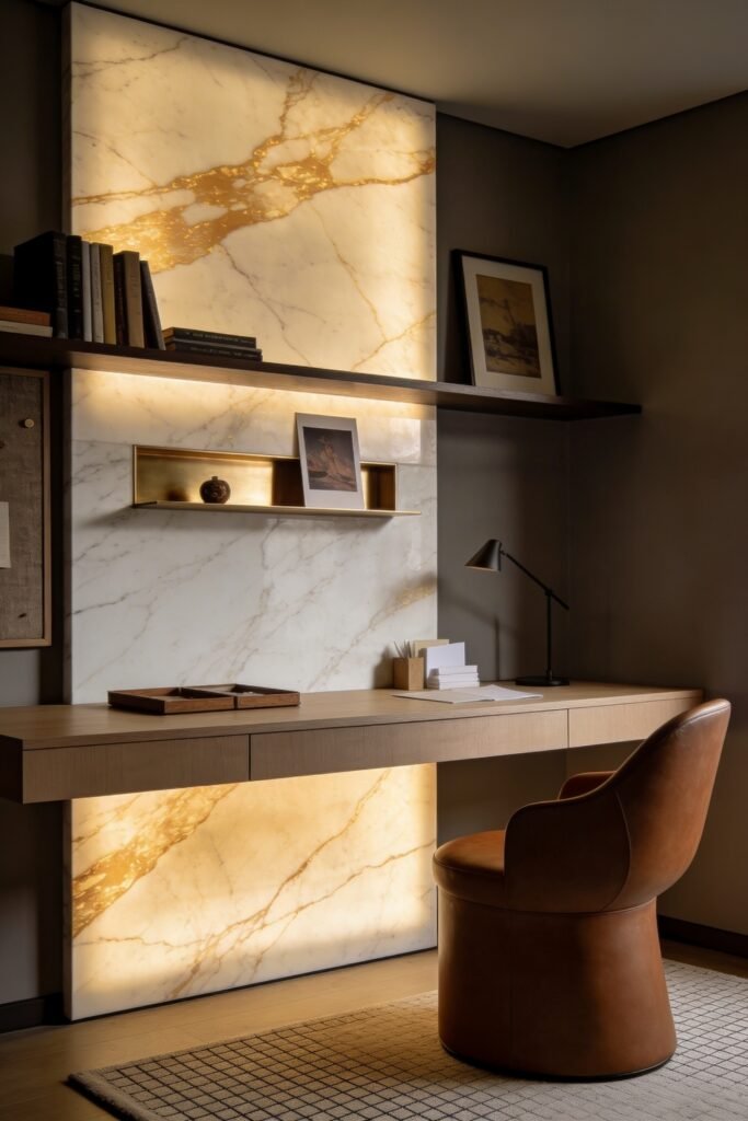 Calacatta Gold Marble Ideas For A Beautiful Apartment 20 Moody home office with a glowing backlit marble wall featuring floating shelves a wood desk and a brown leather swivel chair