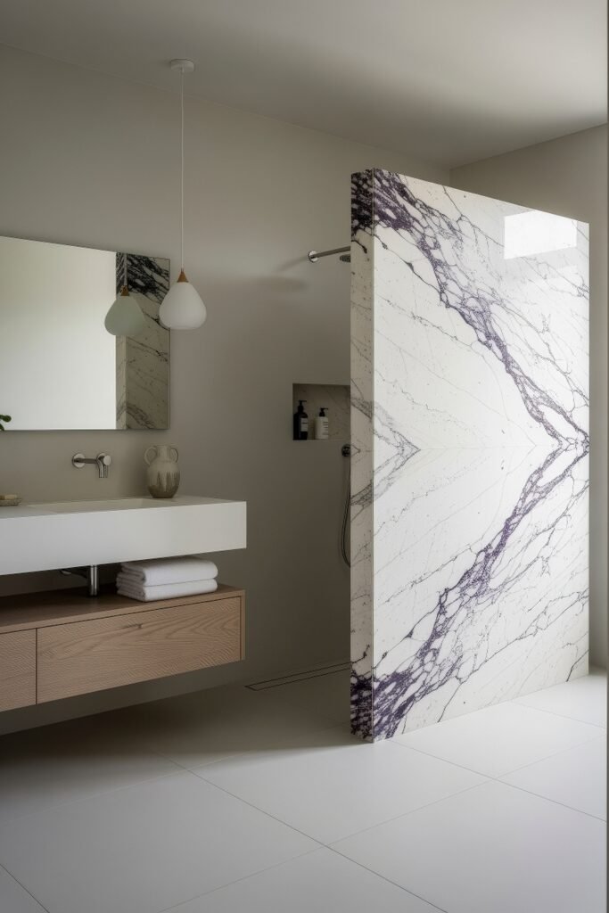 Calacatta Viola Bathroom Ideas for a Richer Look 19 Minimal bathroom with floating wood vanity and Calacatta Viola marble shower wall beneath a white pendant and frameless mirror