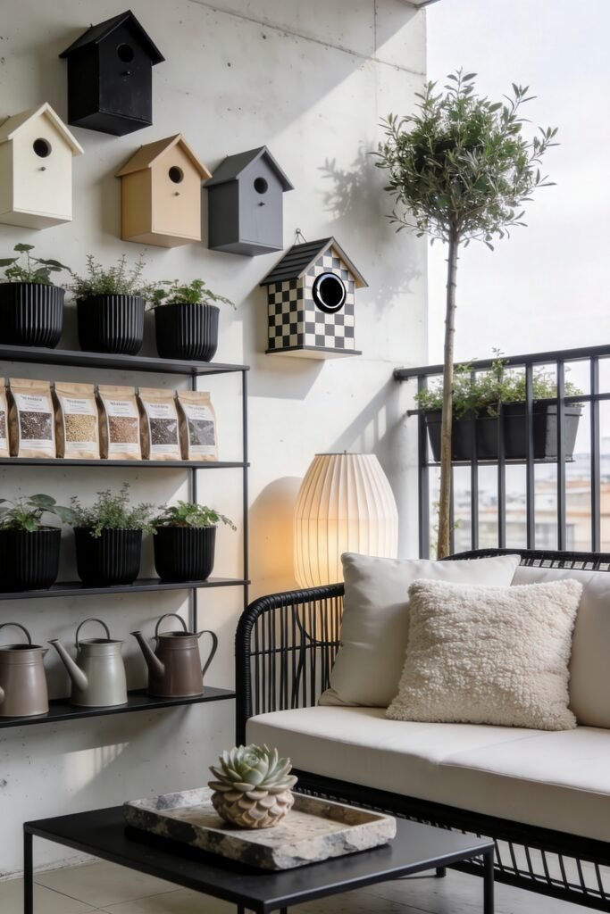 Cute Birdhouse Painting Ideas for Charming Outdoor Style 17 Sleek balcony with neutral birdhouses checkered birdhouse black shelving potted herbs soft white seating and a glowing floor lamp
