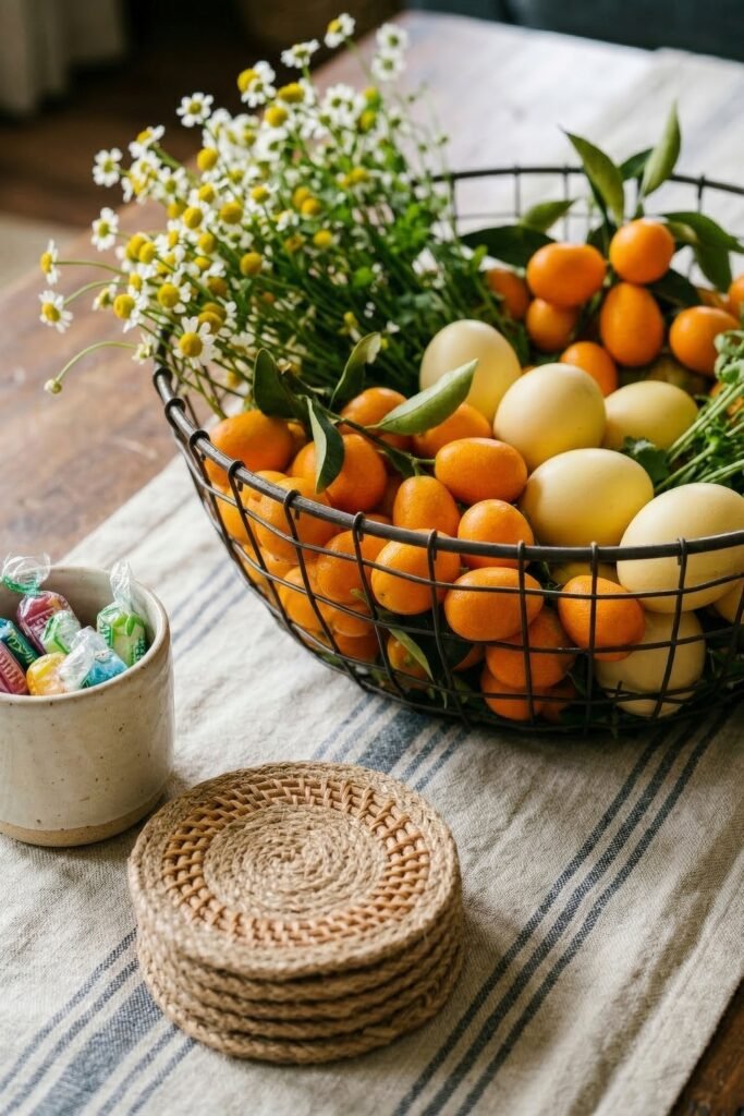 Close view of a wire basket with kumquats cream eggs and chamomile flowers beside woven coasters and colorful wrapped candies