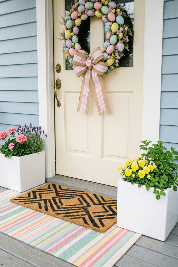 Easter Front Porch Ideas for a Fresh Spring Entry 24 Cream front door with a pastel egg wreath flower planters and a geometric doormat over a striped pastel rug