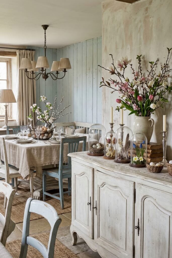 Rustic farmhouse dining room with pastel spring flowers vintage glass domes and neutral linens creating an elegant Easter tablescape