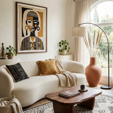 Curved cream sofa with ochre pillows, abstract portrait wall art, terracotta floor vase, arc lamp, and geometric rug in a warm Afro Boho Decor living room.