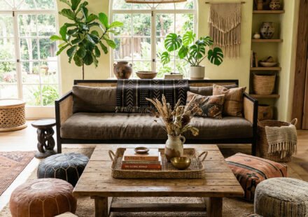 Living room with Afro Cultural Patterns, oversized woven pendant, wood beams, mudcloth pillows, leather poufs, jute rug, plants, and arched windows.