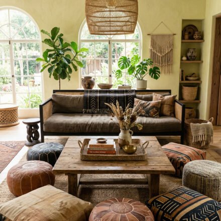 Living room with Afro Cultural Patterns, oversized woven pendant, wood beams, mudcloth pillows, leather poufs, jute rug, plants, and arched windows.
