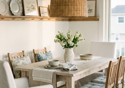 Light wood dining room with woven pendant, blue floral cushions, simple table setting, and soft coastal styling in beach cottage decor for a fresh summer dining space.